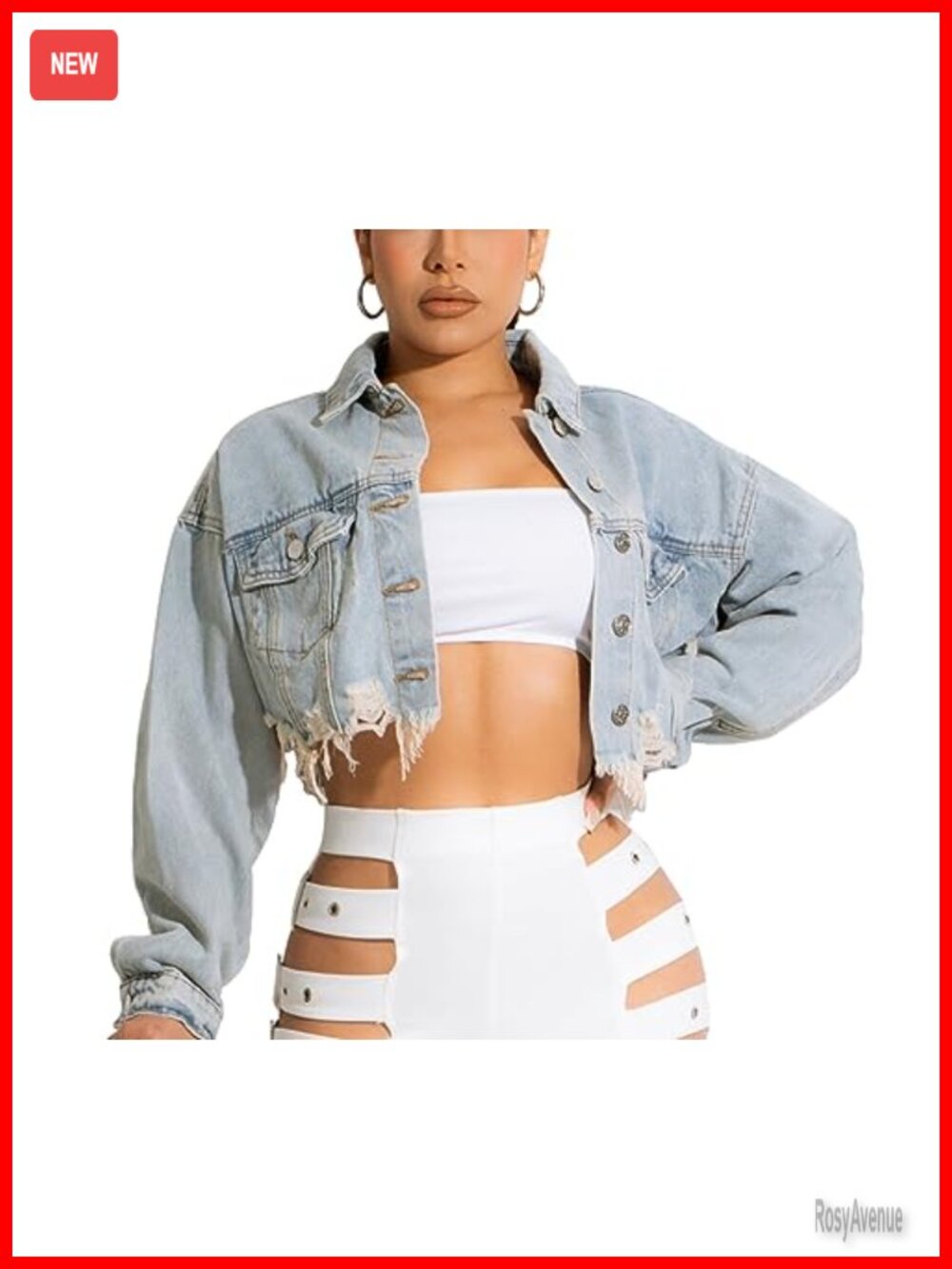Women's Cropped Distressed Denim Jacket Button Up Long Sleeve Frayed Hem